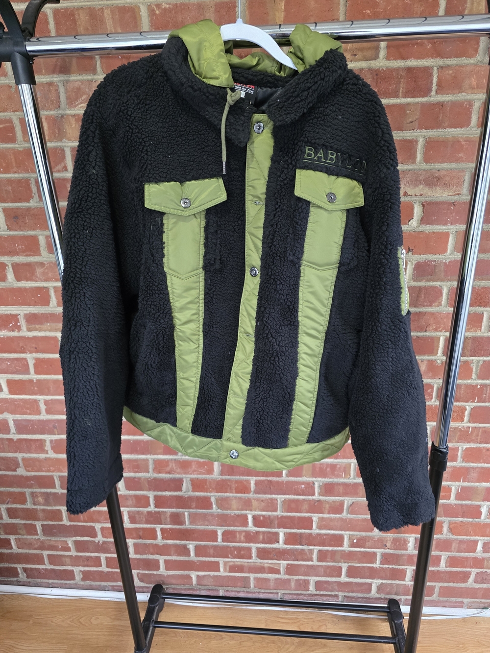 Men's Black Sherpa Jacket with Olive Green Trim